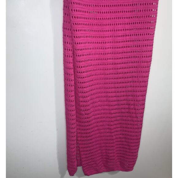 Crochet Knit Long Spaghetti Straps Fuchsia Pink Bathing Suit Coverup Size L/XL - Picture 4 of 15